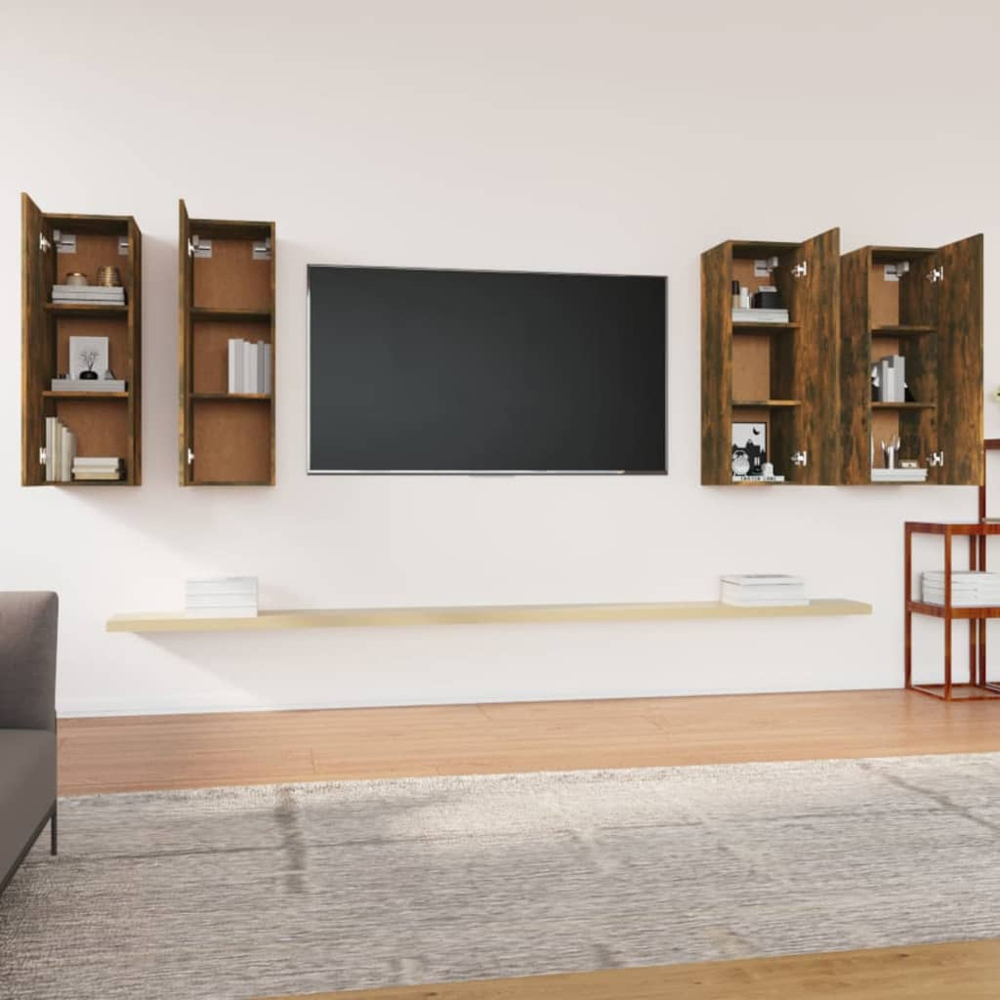 vidaXL Single Door Smoked Oak Wall Mounted TV Cabinet Set of 4 Image 3