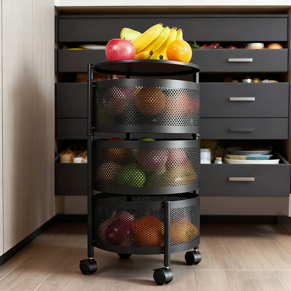 Living and Home 3-Tier Black Kitchen Storage Trolley with Rotating Basket Image 7