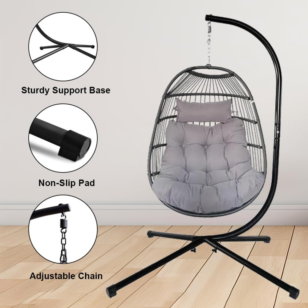 Alivio Grey Freestanding Foldable Steel Frame Hanging Egg Chair with Cushion Image 5
