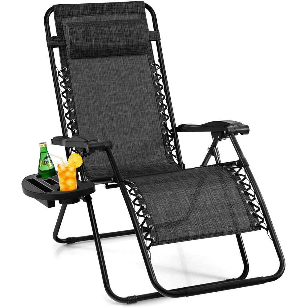 Costway Grey Folding Patio Recliner with Removable Headrest and Cup Holder Image 2