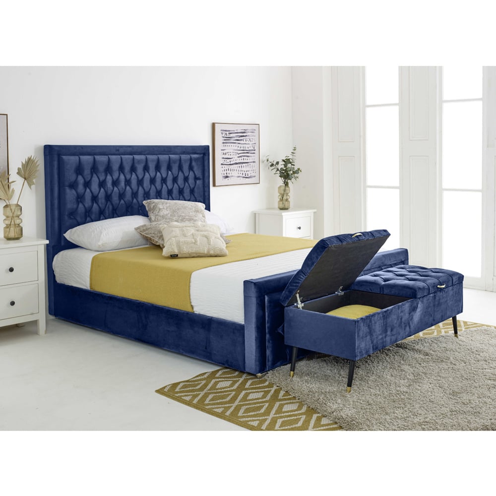 Eleganza Paloma King Size Blue Plush Velvet Bed Frame with Headboard and Footboard Image 3