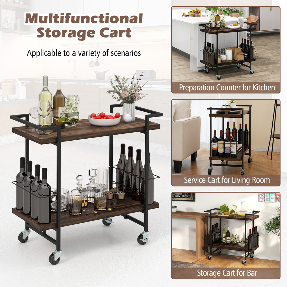 Costway 2 Shelf Rustic Brown Home Bar Cart with Lockable Wheels Image 8