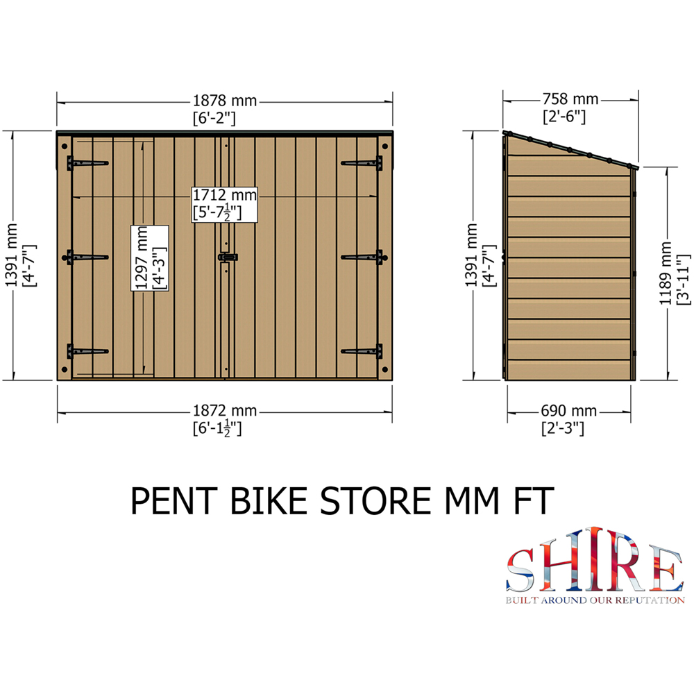Shire 6.14 x 2.3ft Double Door Shiplap Pent Bike Shed Image 9