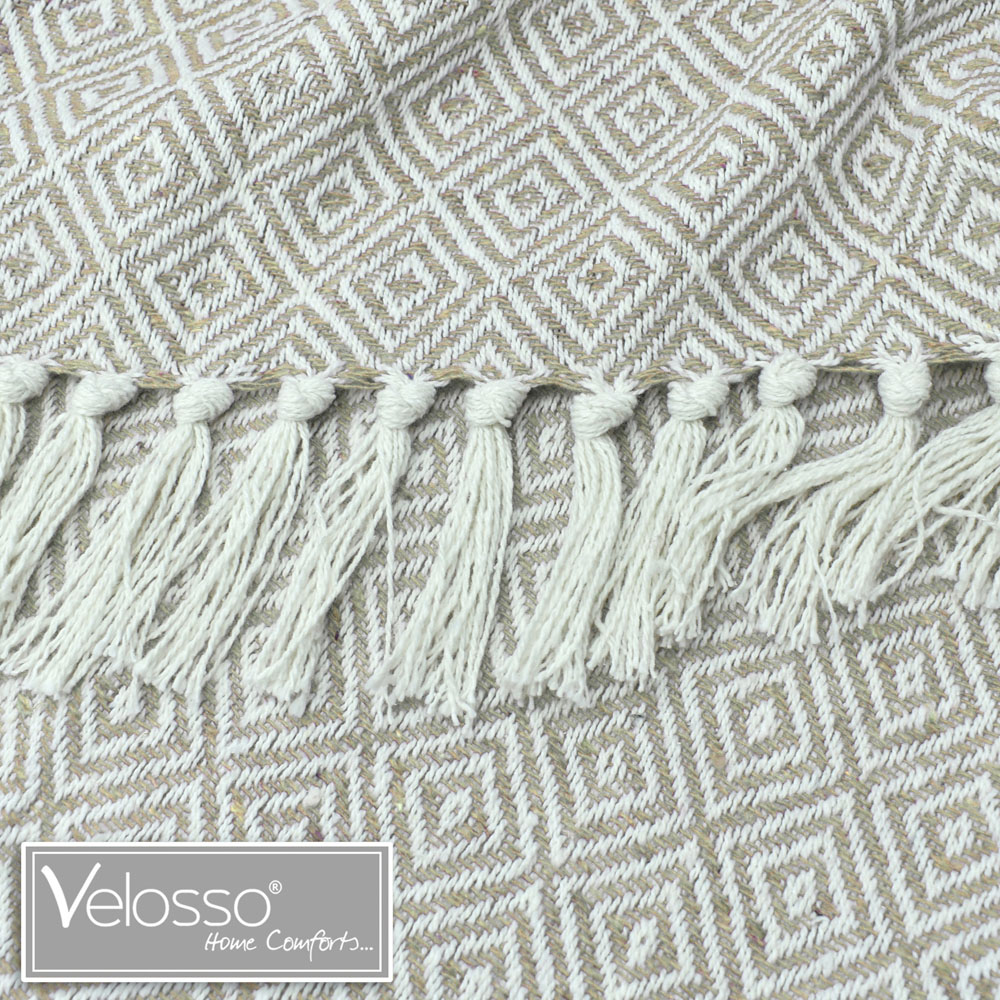 Velosso Beige Diamond Pattern Cotton Woven Tasselled Throw 228 x 254cm Image 3