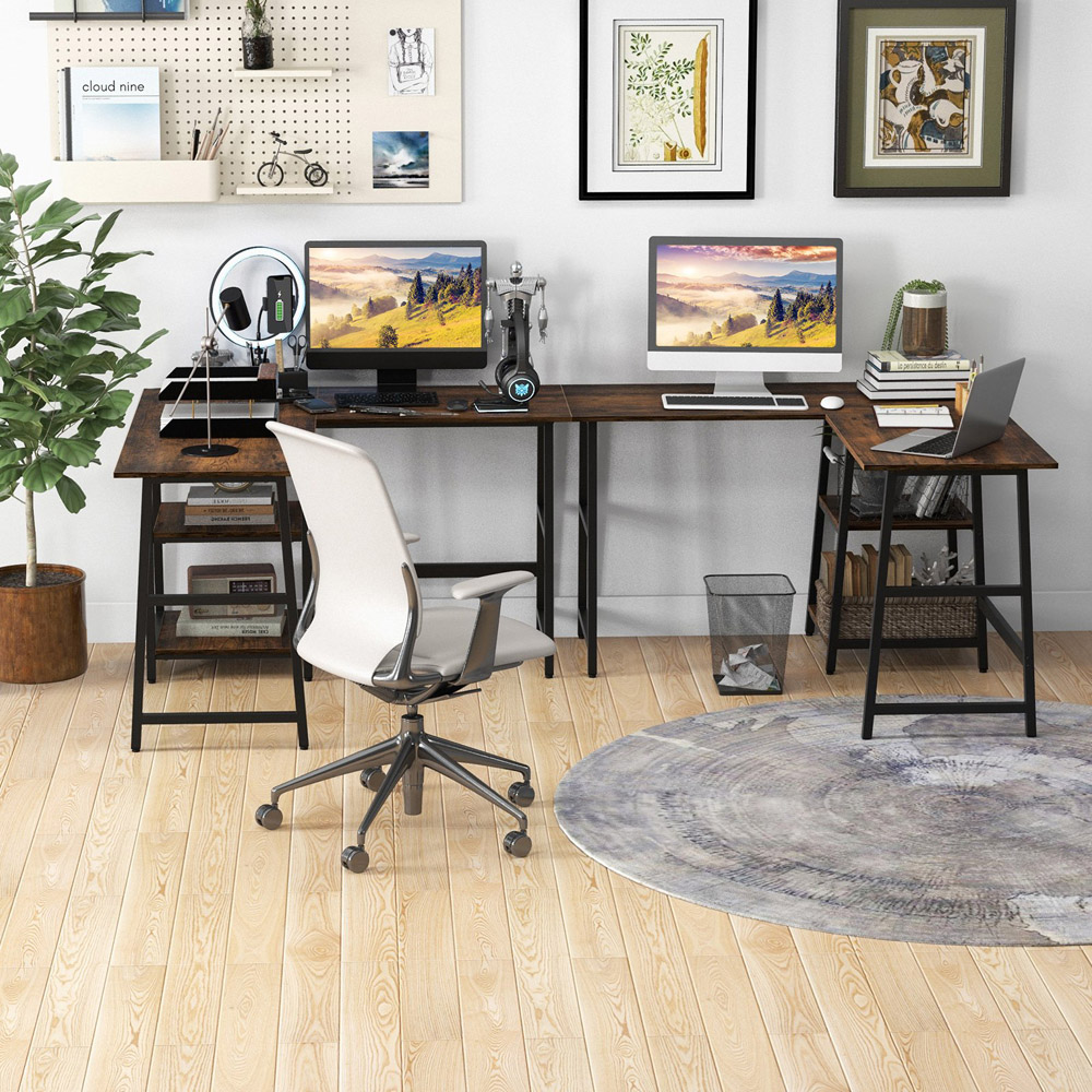 Costway 2 Shelf L Shaped Computer Desk with USB Port Rustic Brown  Image 4