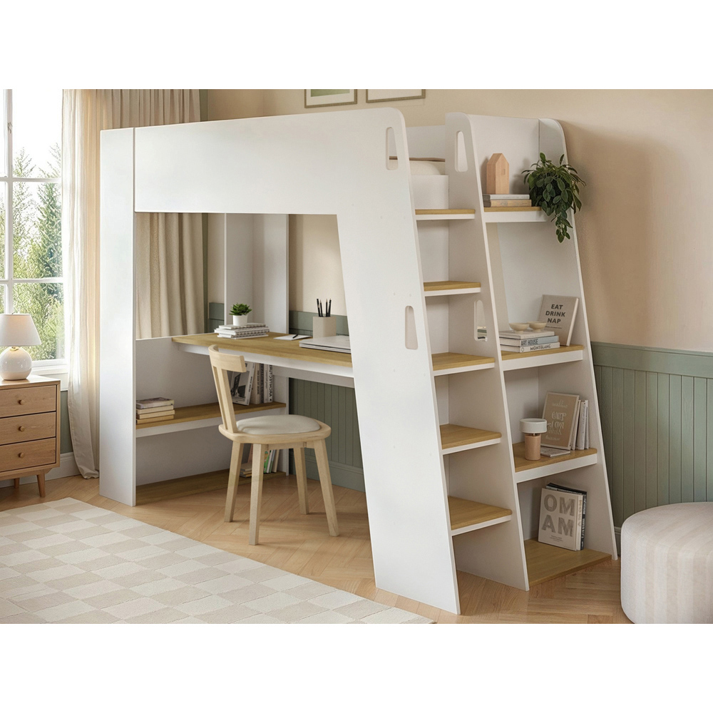 Flair Fern White and Oak High Sleeper Bed with Storage Staircase and Desk Image 5