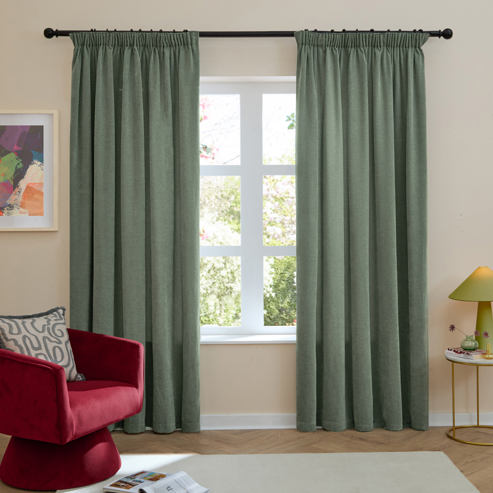 Furn Soft Chenille Green Blackout Pencil Pleat Curtains 168 x 229cm Image 5