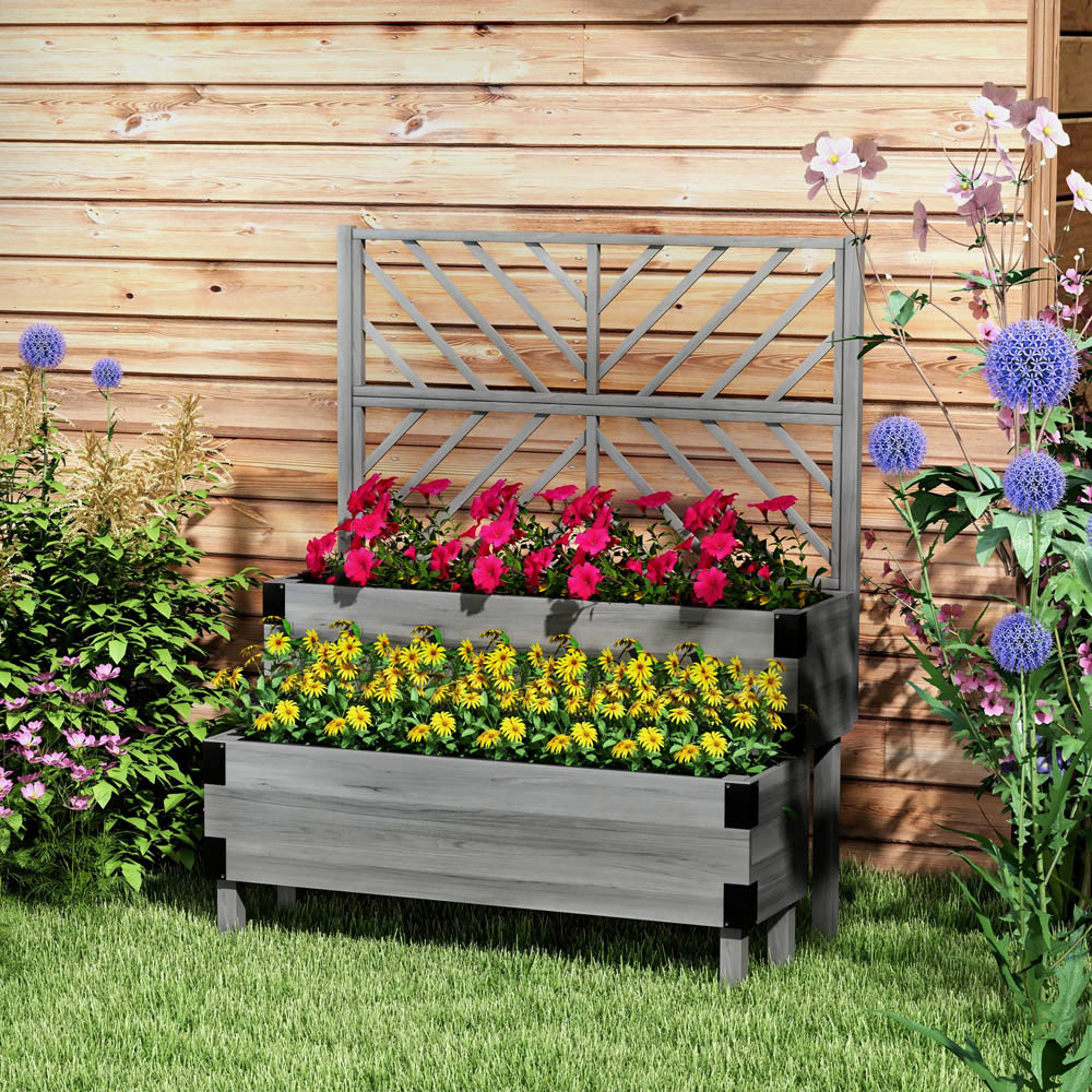 Outsunny 2-Tier Wooden Raised Bed with Trellis Image 2