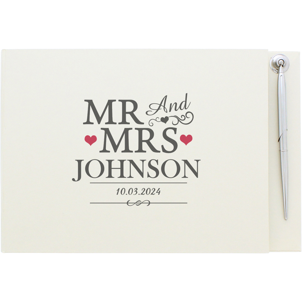 Personalised Memento Personalised Mr and Mrs Hardback Guest Book and Pen Image 1