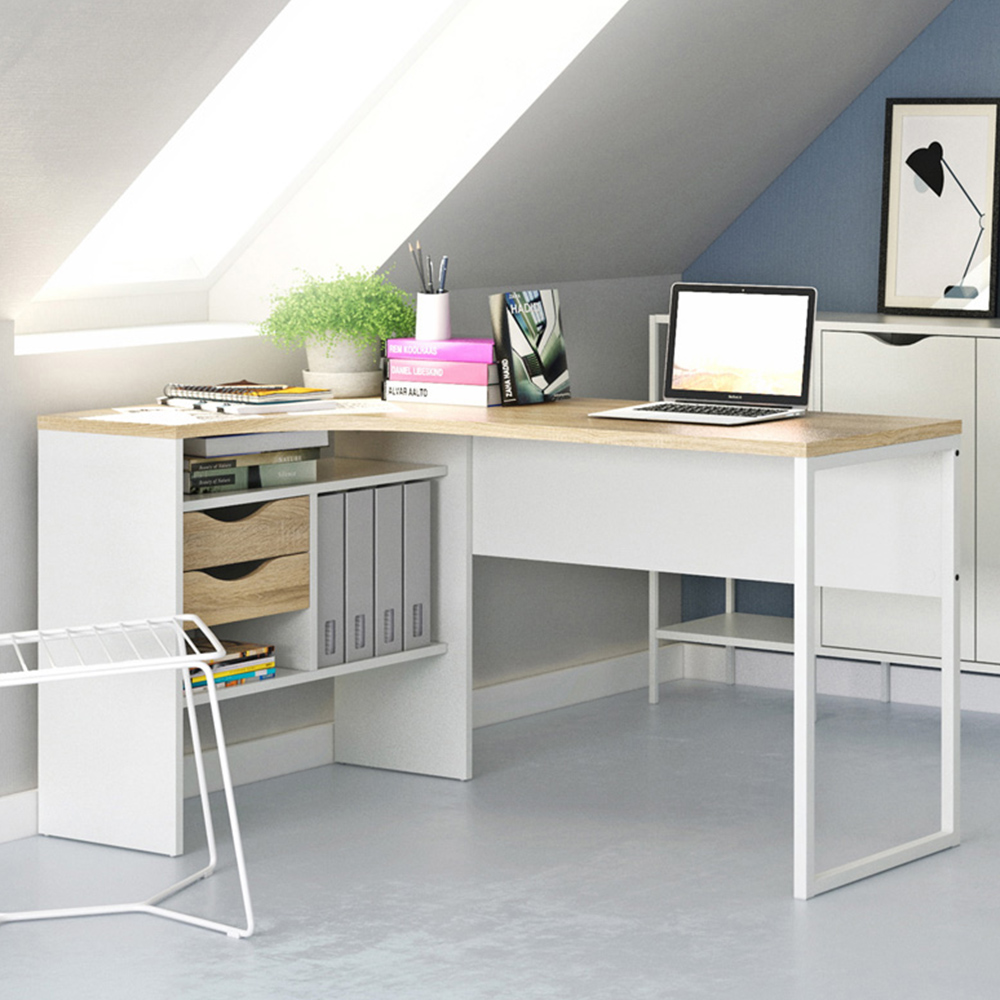Florence Function Plus 2 Drawer Corner Desk White and Oak Image 1
