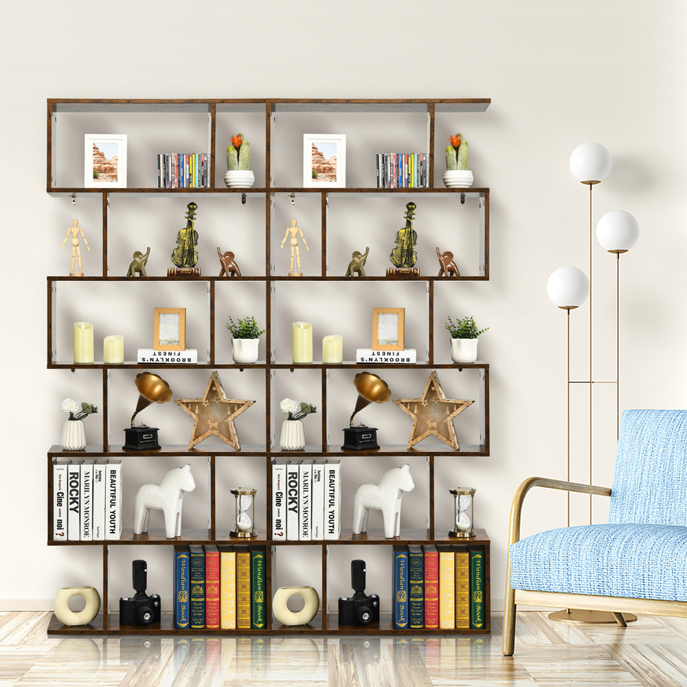 Costway 6 Shelf Brown S Shaped Wooden Industrial Bookshelf Image 5