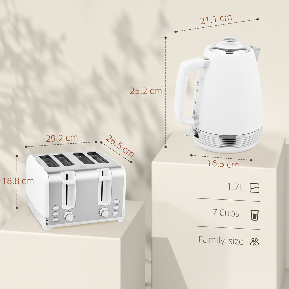 HOMCOM 800-267V70BK White 1.7L Quick Boil Kettle 3000W and 4 Slice Toaster Set Image 9