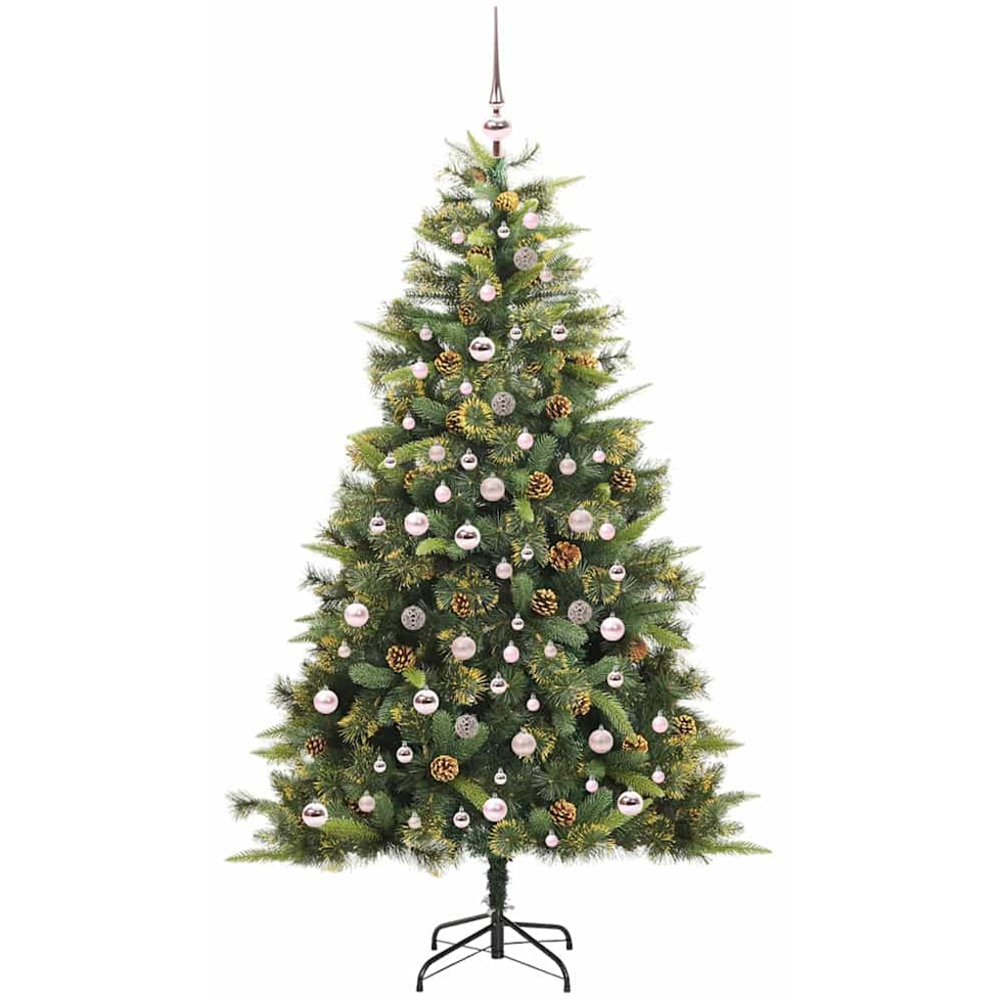 vidaXL Pre-Lit Pink Baubles and Pinecones Green Artificial Christmas Tree 7ft Image 4