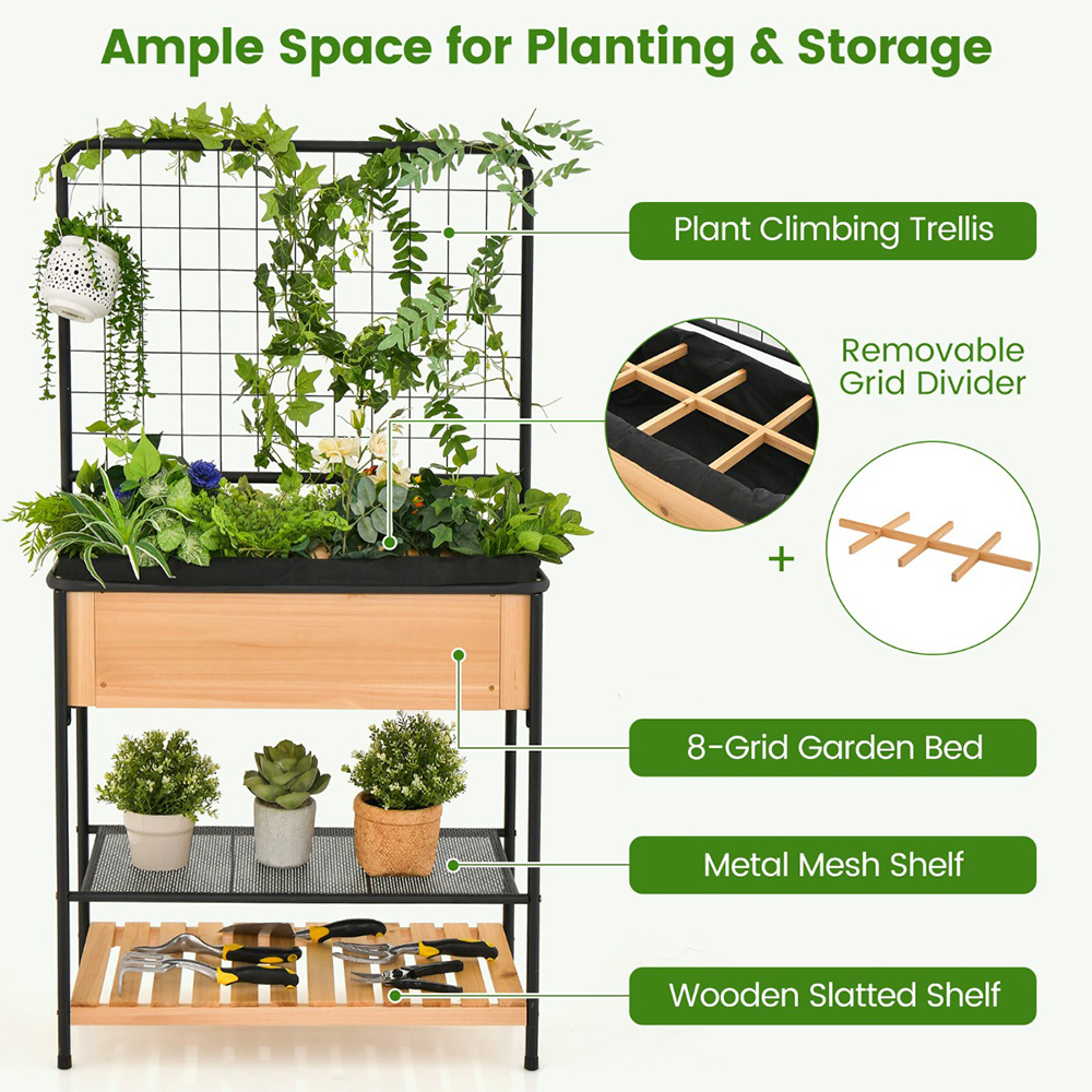 Costway 2 Tier Natural Trellis Raised Garden Bed with Storage Shelves Image 4