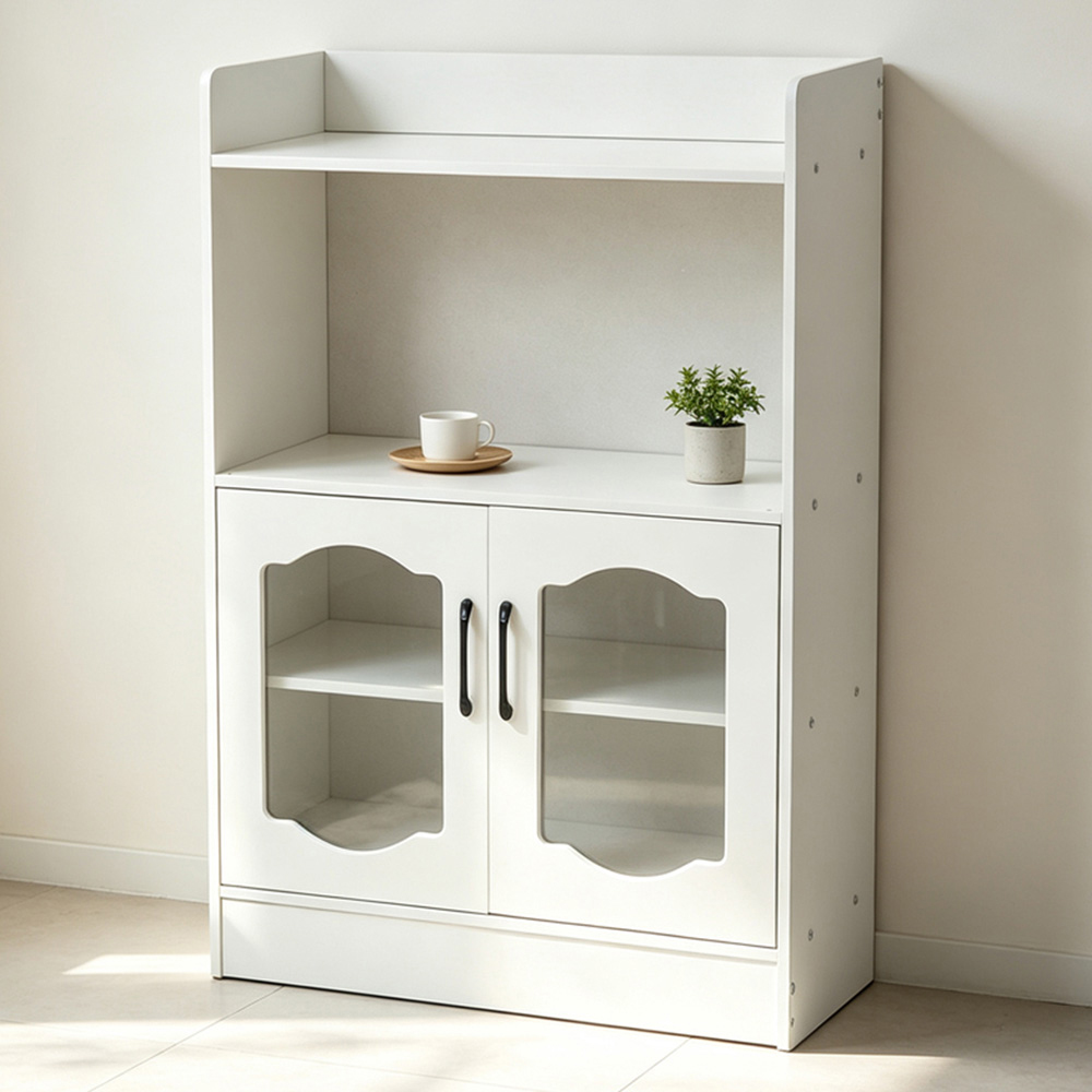 Living and Home 2 Door 2 Shelf White Glass Panel Sideboard Image 1