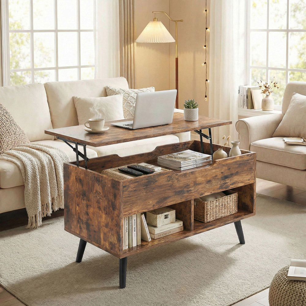 Portland 2 Shelf Rustic Brown Lift Up Top Coffee Table Image 4