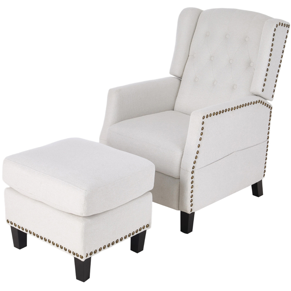 Living and Home White Chenille Pushback Recliner Chair with Footstool Image 2