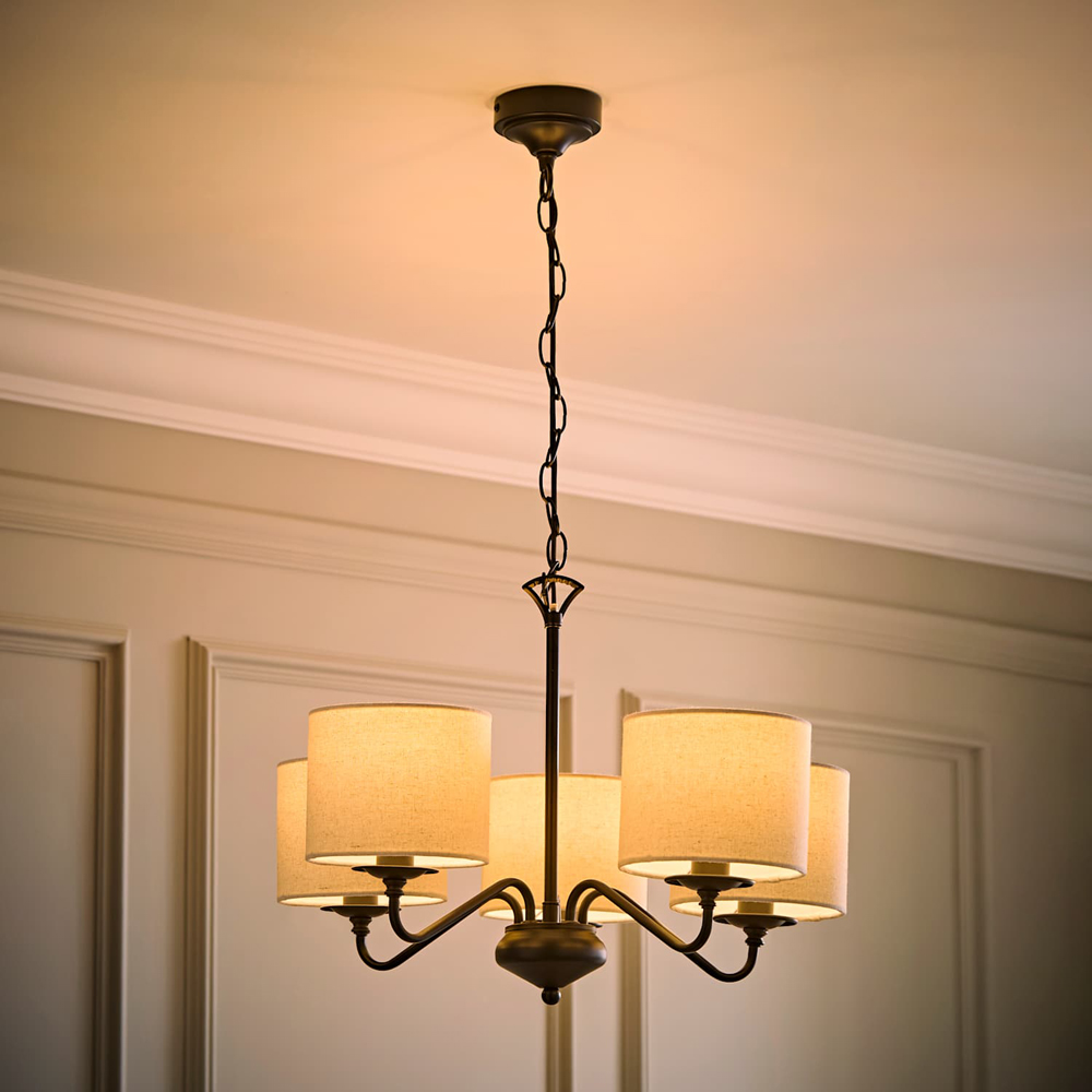 ValueLights Carmit 5 Arm Linen Shade Black Chandelier Ceiling Light with Bulb Image 2