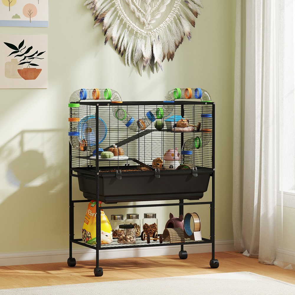 PawHut 3 Tier Hamster and Gerbil Cage with Storage on Wheels Image 2