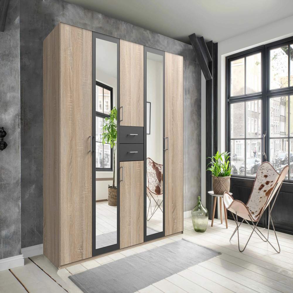 TJ'S Bristol 5 Door 2 Drawer Oak and Graphite Mirrored Wardrobe Image 4