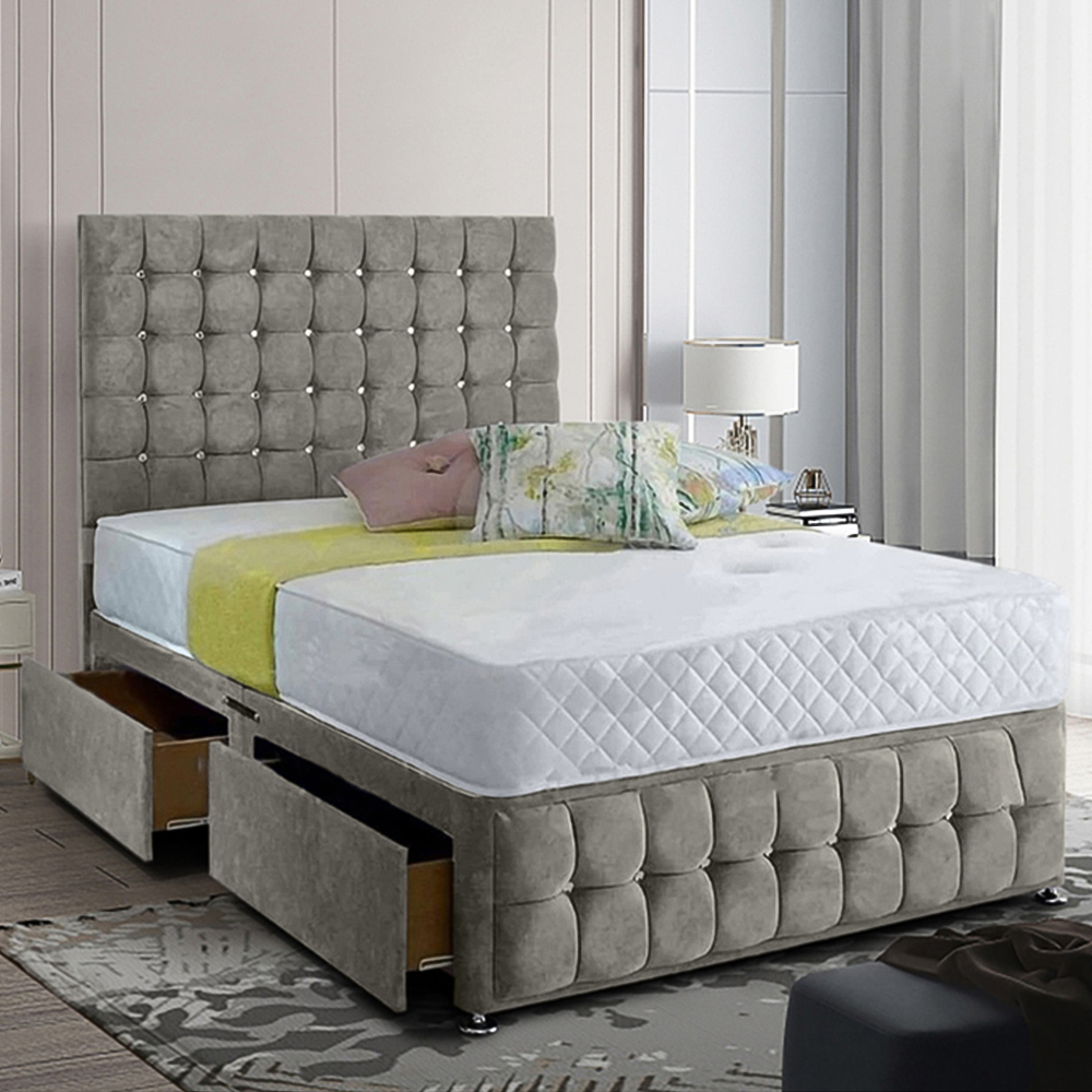 Eleganza Home Cloudrest Single Grey Plush Velvet 2 Drawer Divan Bed with Headboard Image 1
