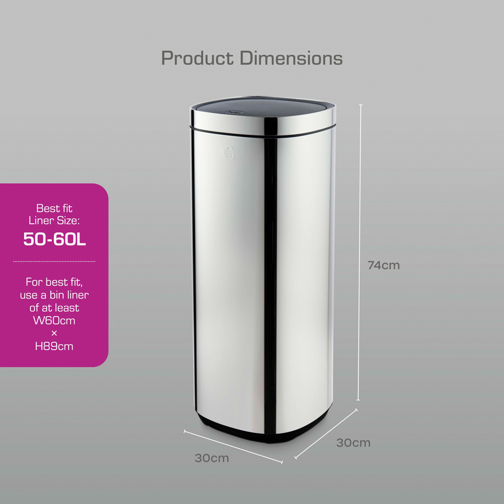 Swan Silver Stainless Steel Square Touch Bin 50L Image 9