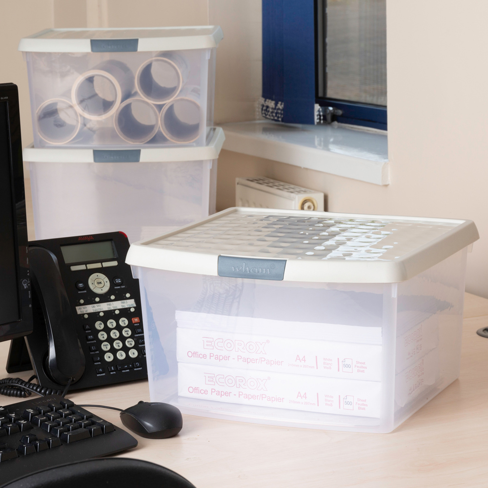 Wham Clip 25.5L Clear Stone and Slate Grey Square Storage Box with Lid 3 Pack Image 2