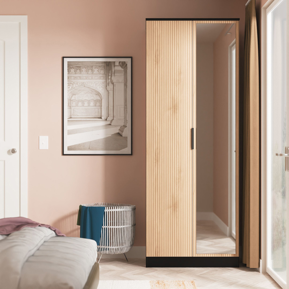Crowndale Java 2 Door Slatt Effect and Black Tall Mirrored Wardrobe Ready Assembled Image 7