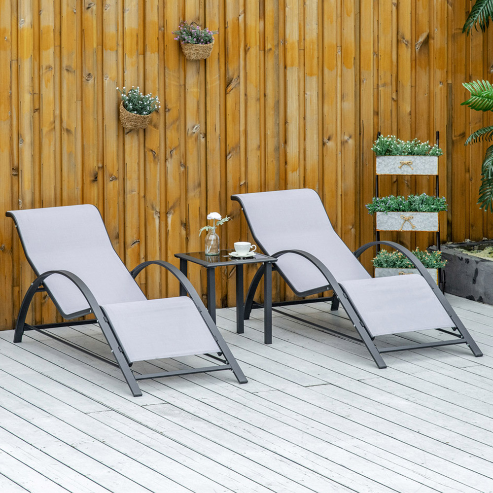 Outsunny Set of 2 Light Grey Sun Loungers with Table  Image 1