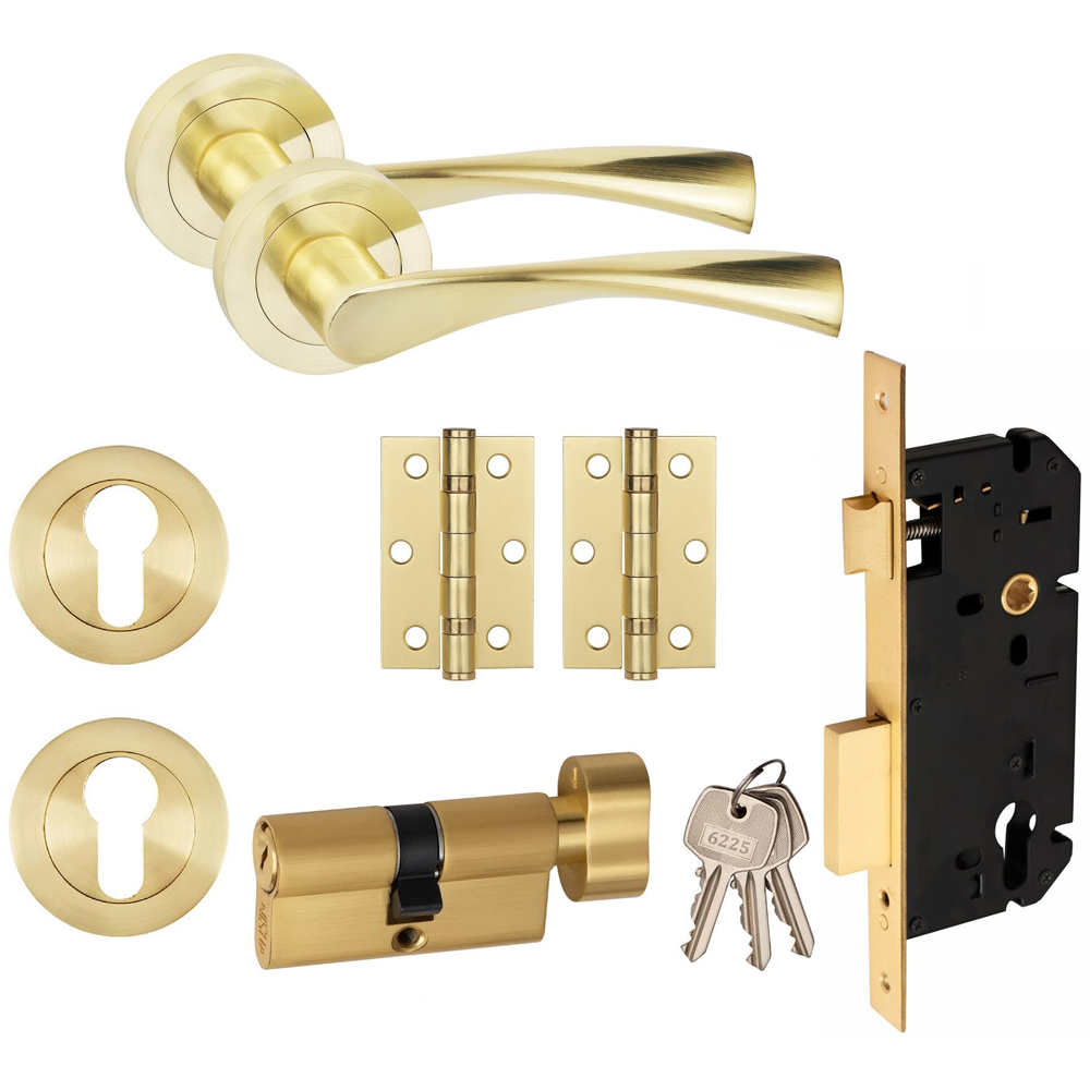 Golden Grace Astrid Satin Brass Door Handles Euro Lock Key and Thumbturn Set 70mm Image 1