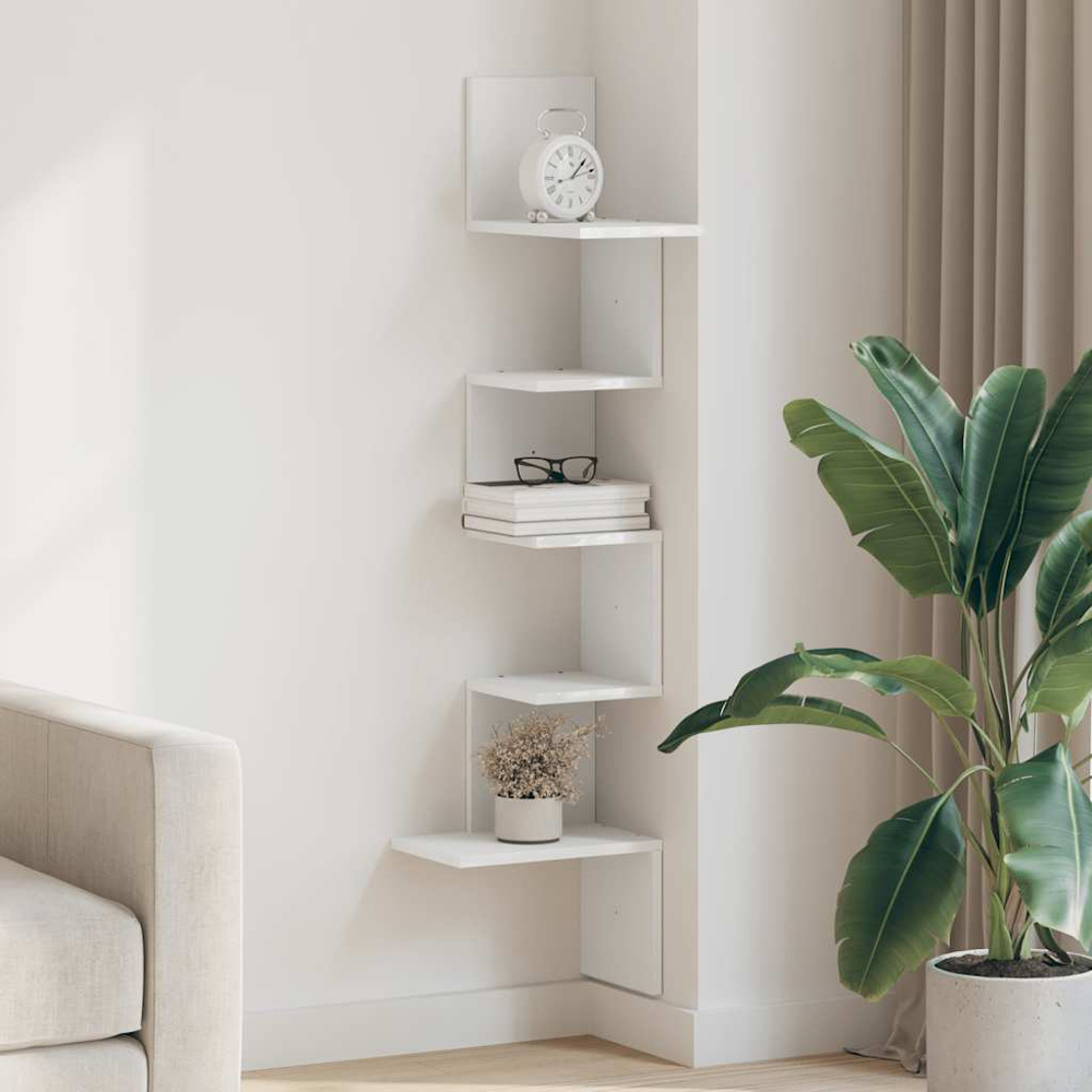 vidaXL 5 Shelf White Floating Corner Wall Shelf Image 2