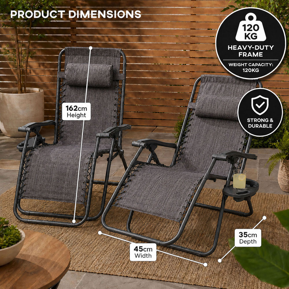 Neo Grey Zero Gravity Foldable Garden Recliner Sun Lounger Set of 2 Image 9