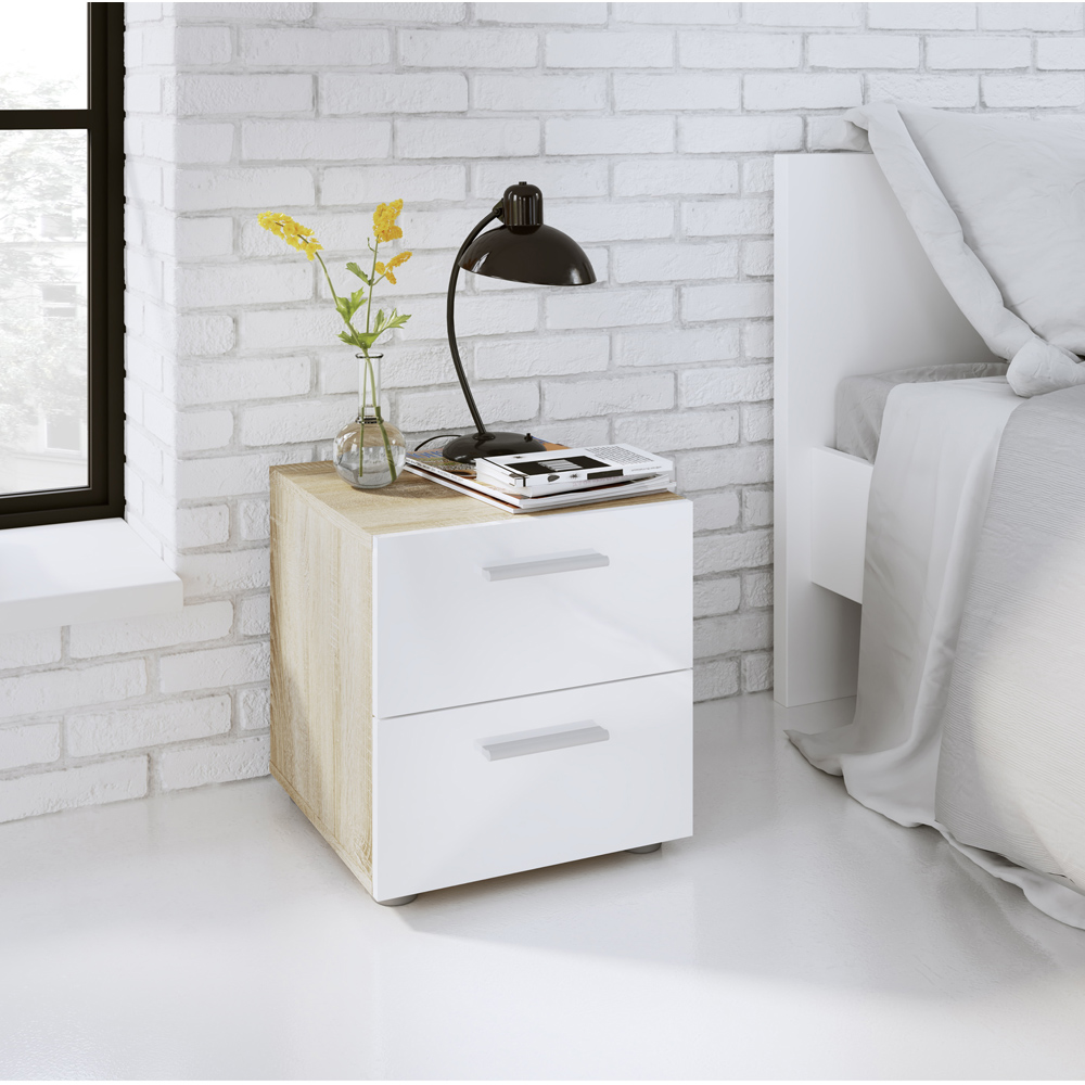 Florence 2 Drawer Oak and White High Gloss Bedside Table Image 9