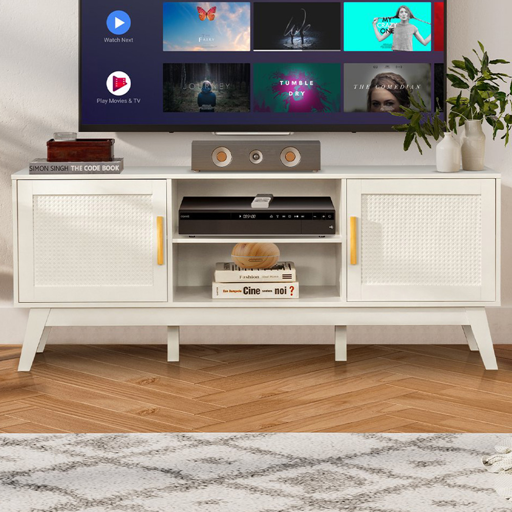 Costway 2 Door White Rattan TV Unit Image 1