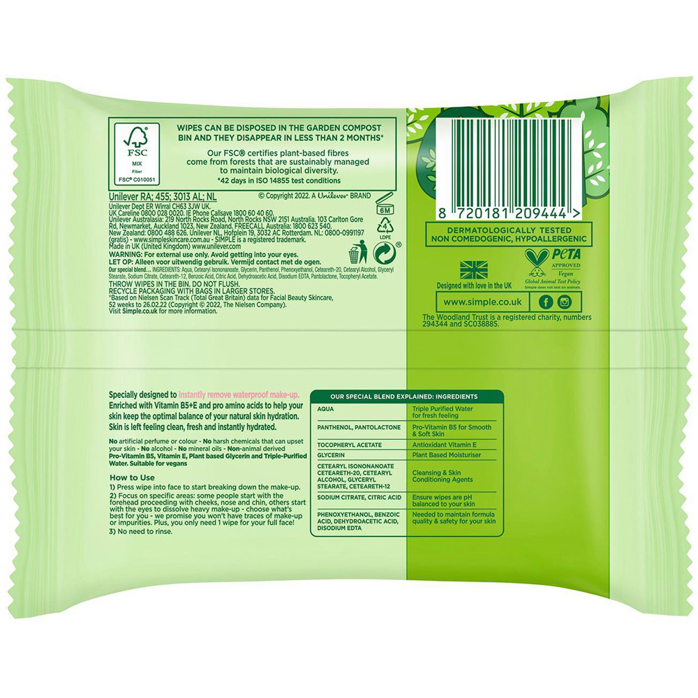 Simple Kind to Skin Double Sided Cleansing Biodegradable Facial Wipes 2 Pack Image 3