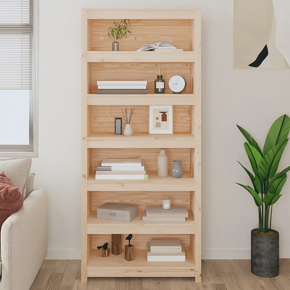 vidaXL 6 Shelf Natural Solid Pine Wood Bookcase Image 1