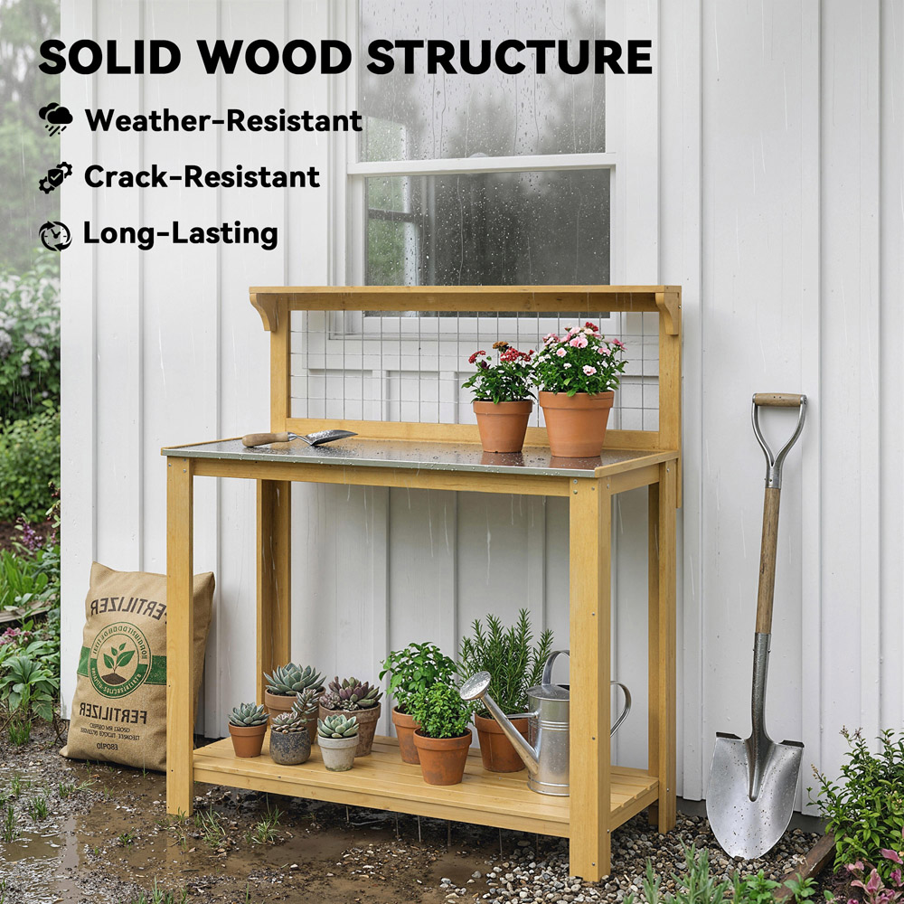 Outsunny Wooden Potting Bench Table with Aluminium Worktop Image 8