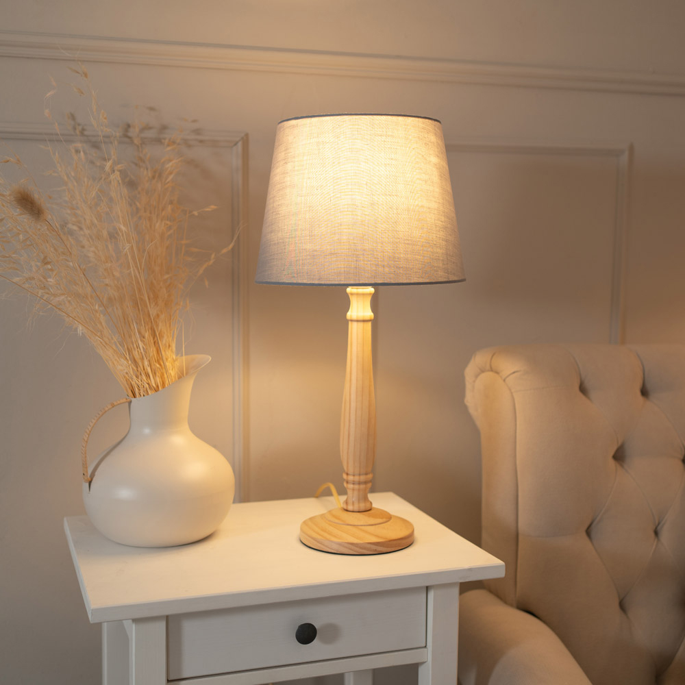 ValueLights Victoria Grey Fabric Tapered Shade Light Wood Traditional LED Table Lamp Image 2