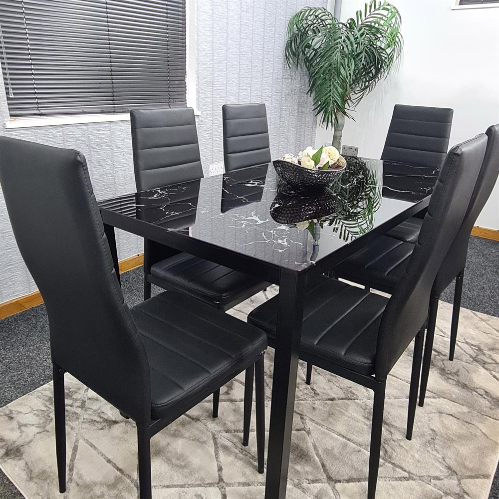 Portland Marble Effect Glass 6 Seater Leather Dining Set Black Image 5