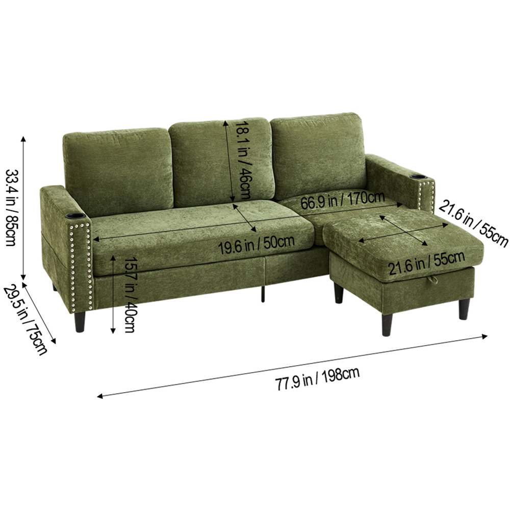 Living and Home 4 Seater Green Chenille Sofa with Footstool and Cup Holders Image 9
