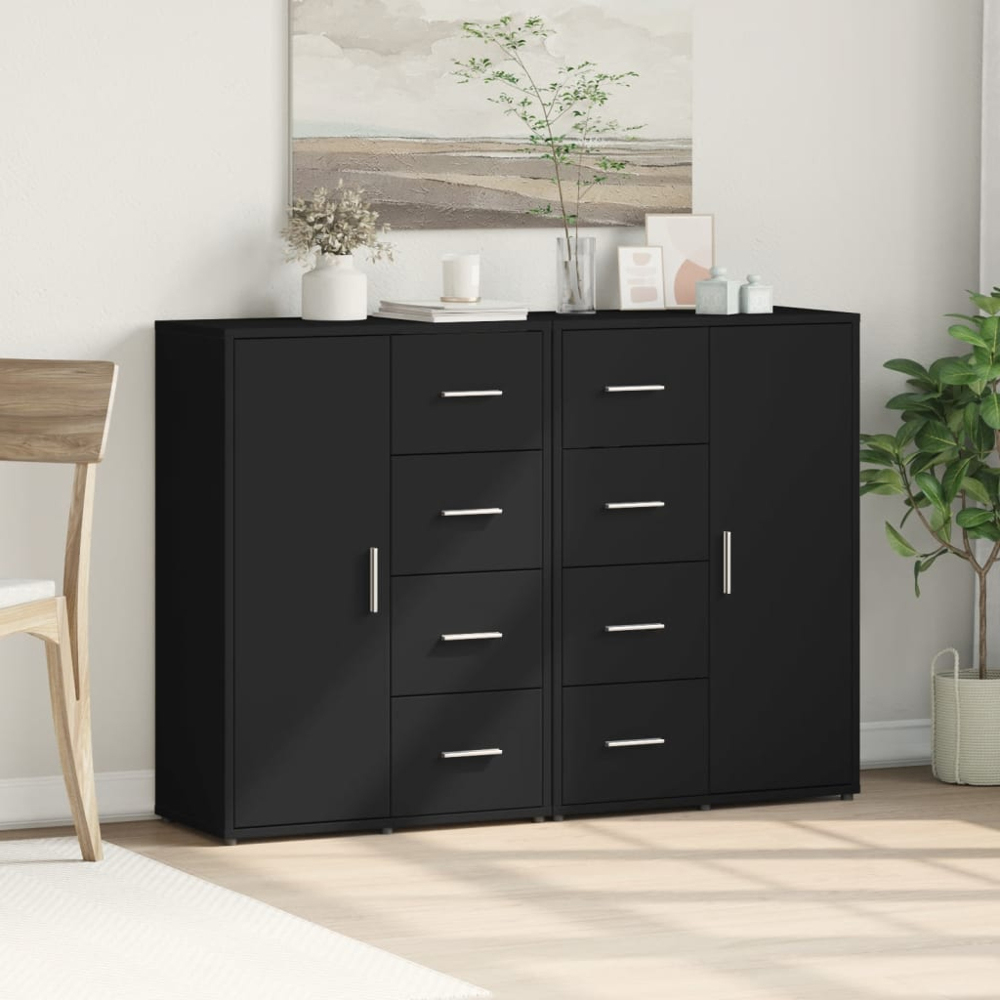 vidaXL Single Door 4 Drawer Black Wooden Sideboard Set of 2 Image 8