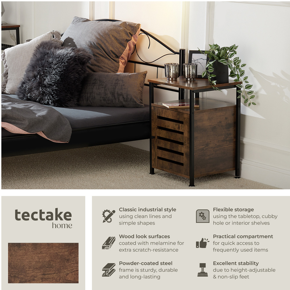 Tectake Cork Single Door Single Shelf Rustic Dark Wood Bedside Table Image 3