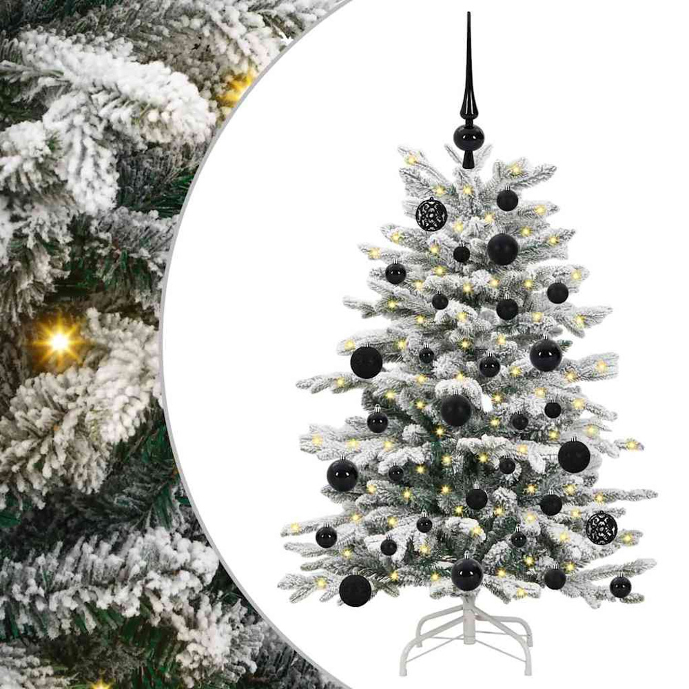 vidaXL Pre-Lit Black Baubles White Artificial Snow Flocked Christmas Tree 4ft Image 2