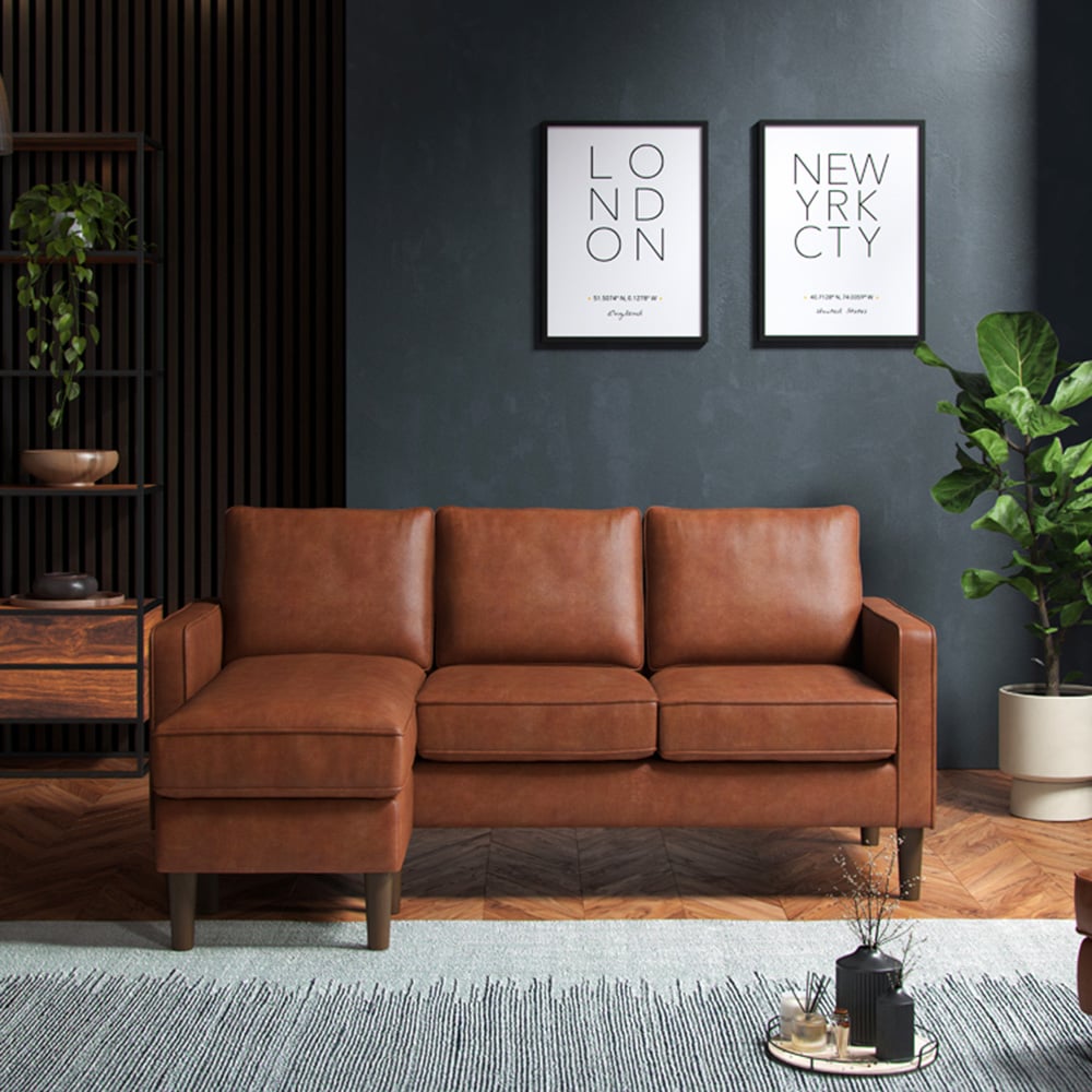 Regan 3 Seater Tan Faux Leather Reversible Chaise Sofa Image 5