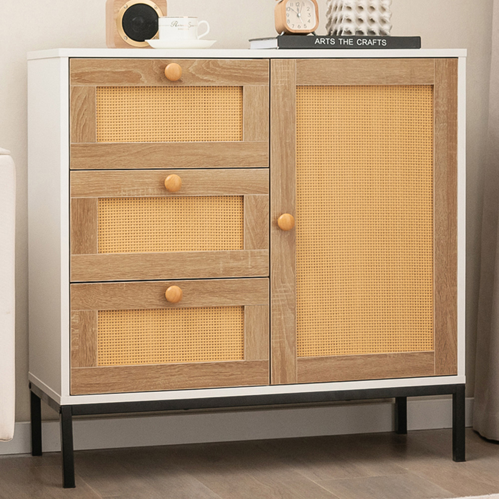 Costway Single Door 3 Drawer White Rattan Cabinet Image 1