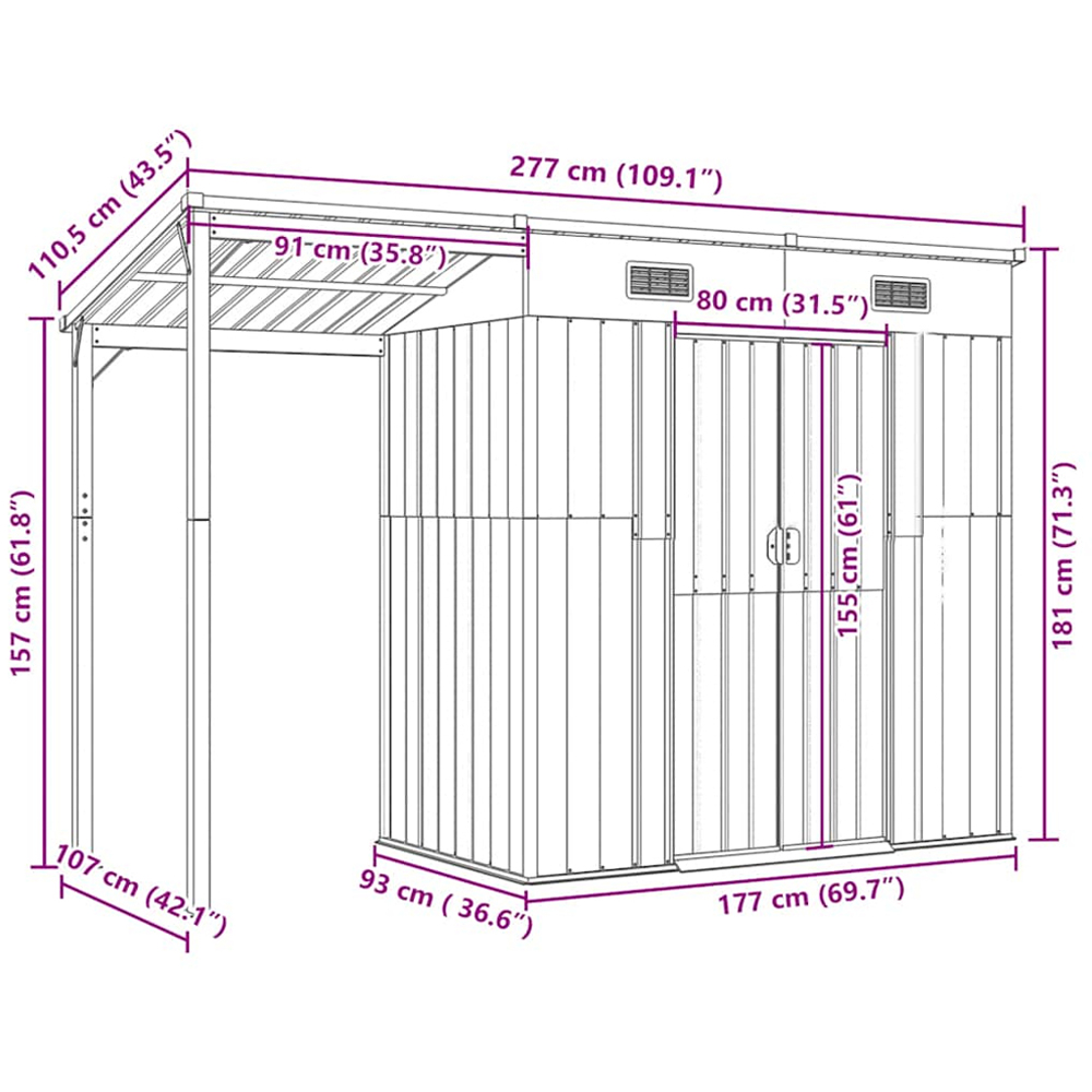vidaXL 9 x 3.5ft Grey Galvanised Steel Garden Shed with Extended Roof Image 7