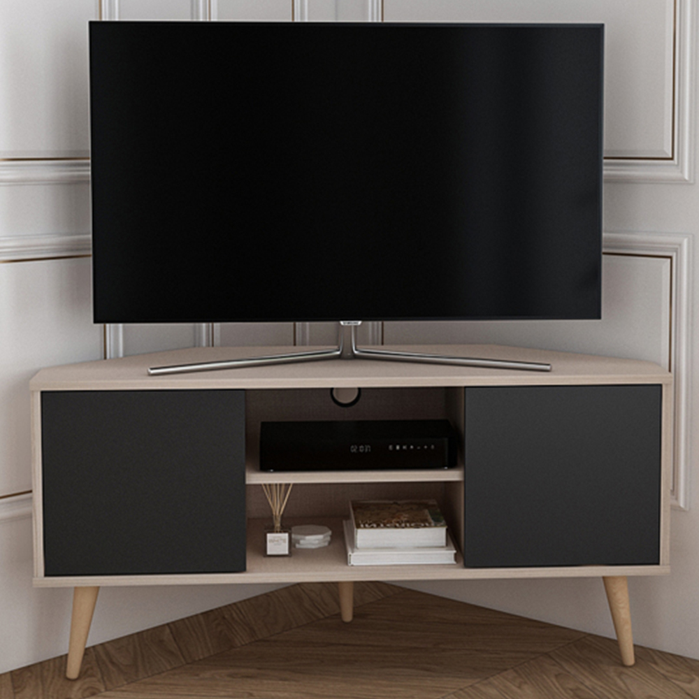 Decorotika Lesson 2 Door 2 Shelf Beige and Black Corner TV Stand Image 1