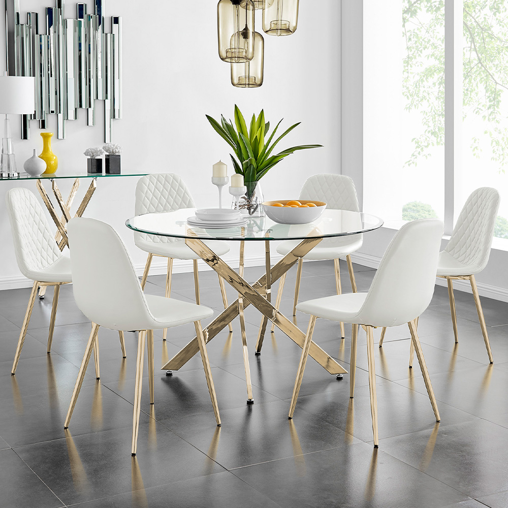 Furniturebox Arona Solara 6 Seater Round Dining Set White and Gold Image 1