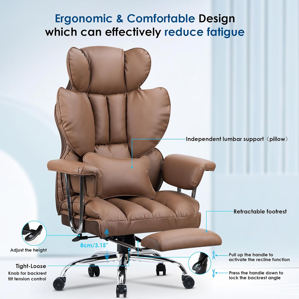Rattrix Brown Leather Ergonomic High Back Swivel Office Chair with Footrest Image 3