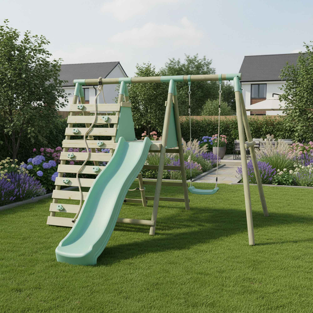 Mercia Wooden Round Pole Single Swing Set with Climbing Wall and Slide Image 2